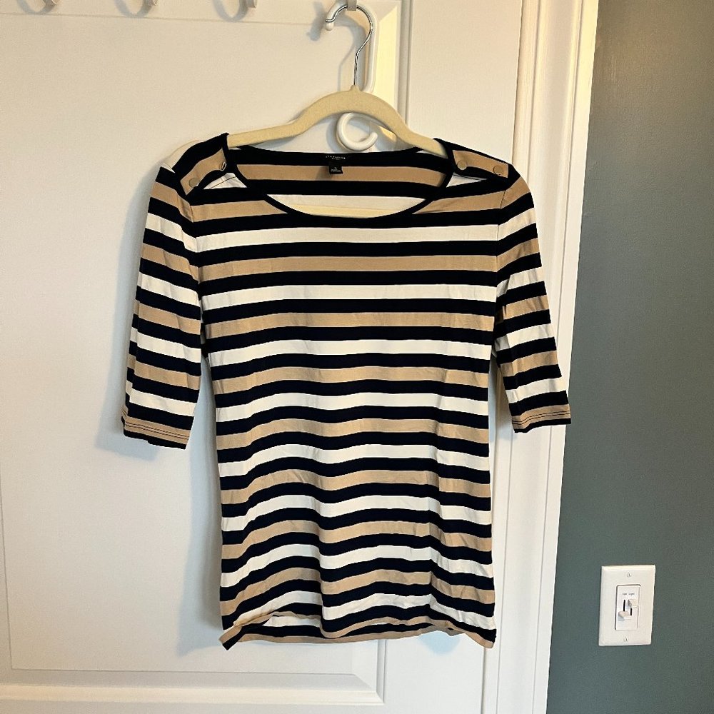 Ann Taylor Factory Navy & Tan Striped Top with Gold Buttons Size S